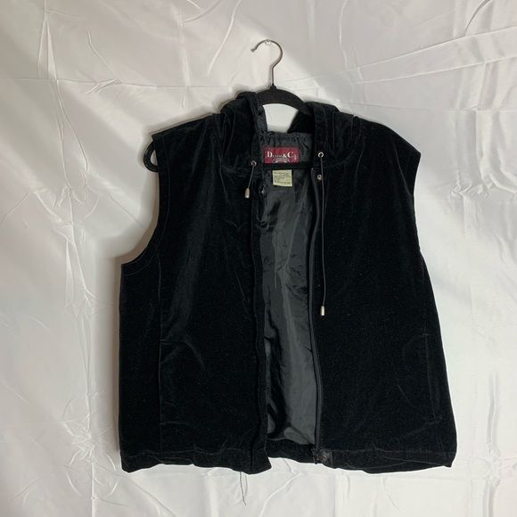 Vintage Denim & Co Jeanswear Black Velvet Hooded Zip Up Vest Size Large - Picture 1 of 4